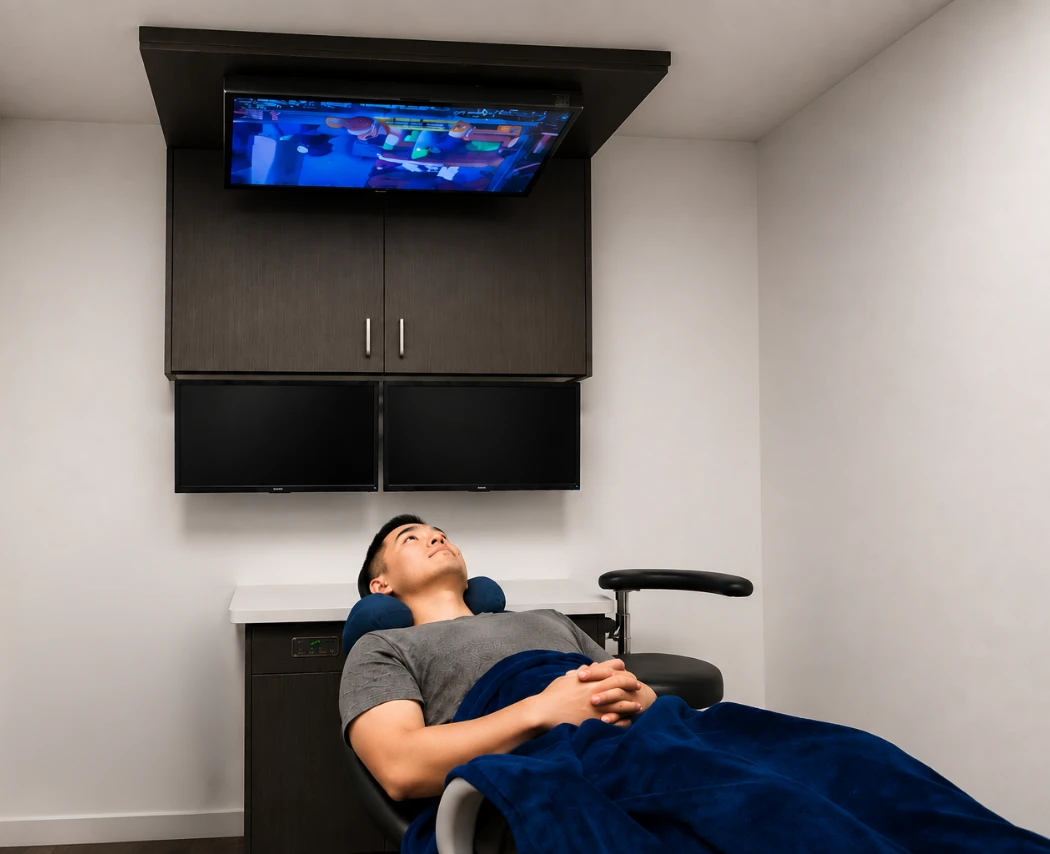 Patient relaxing in a dental chair while watching TV